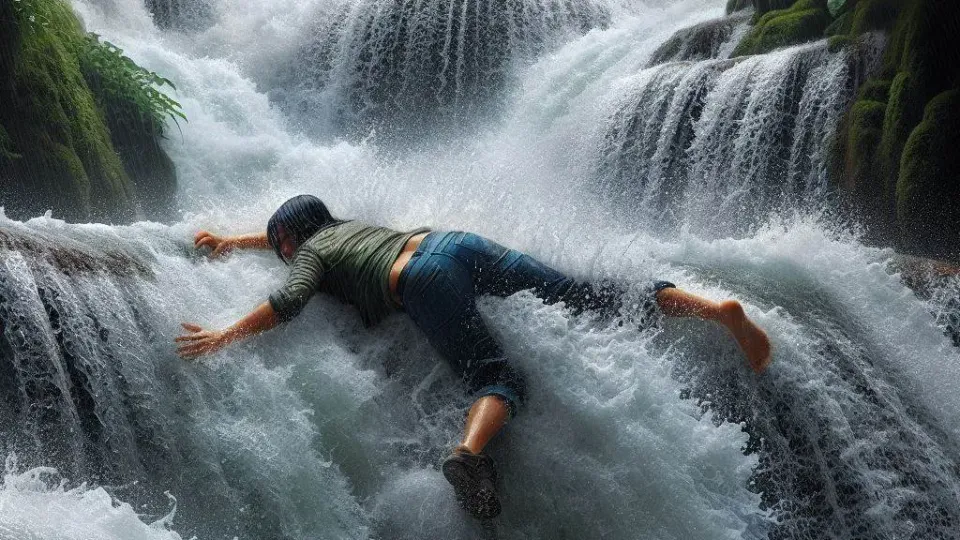 A person being washed down a cascade waterfall