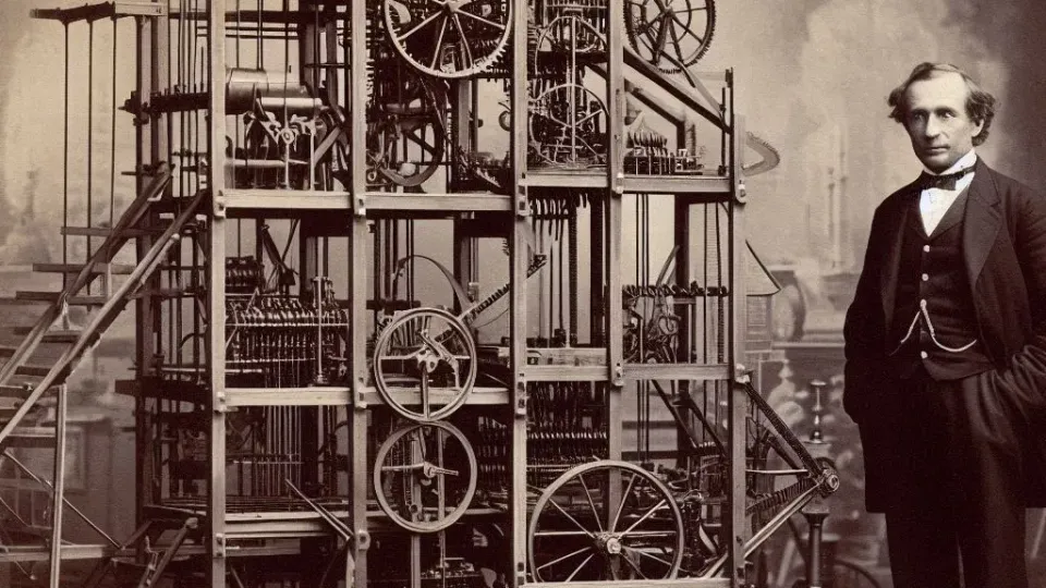 A 19th-century inventor standing next to a Rube Goldberg machine