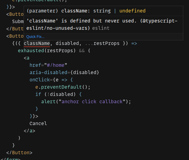 An ESLint error showing that one of the props is unused